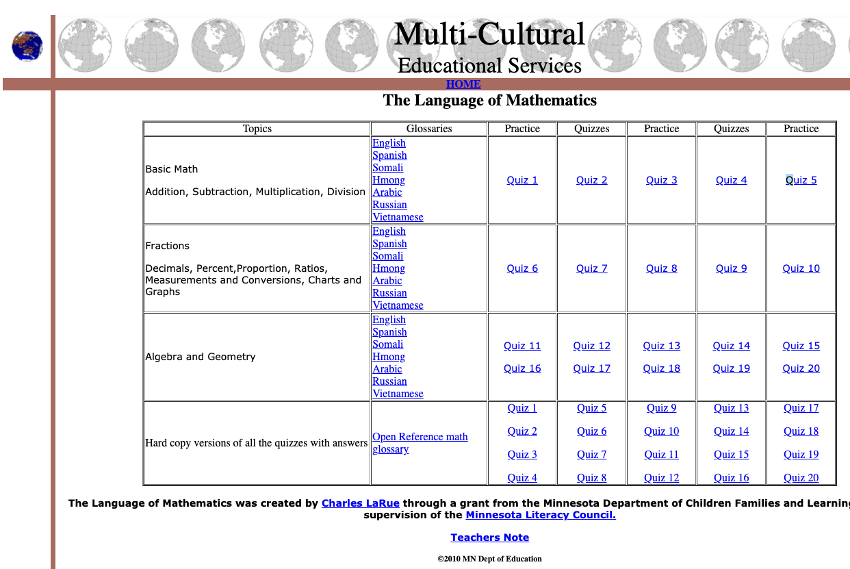 Multi-Cultural Educational Services: Math Practice Online as Quizzes-1