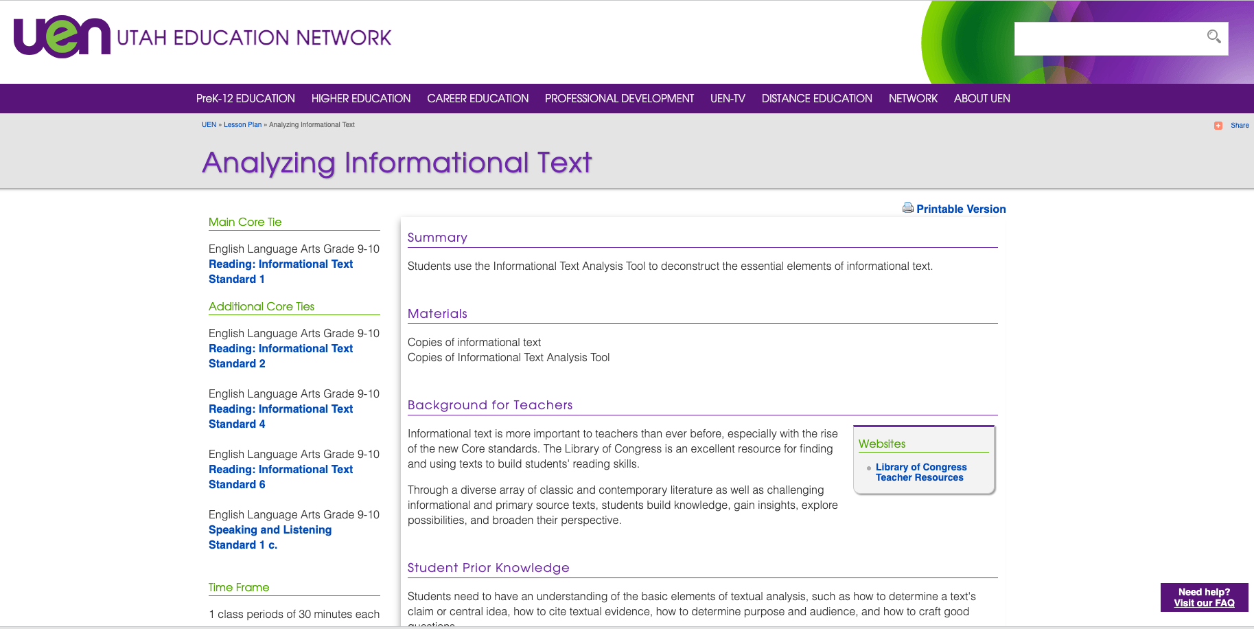 Screenshot of Utah Education Network - Analyzing Informational Text website