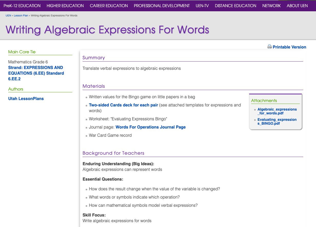 Screenshot of the Writing Algebraic Expressions Lesson