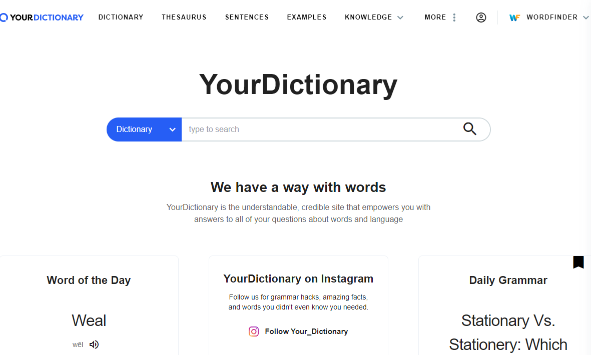 homepage of YourDictionary.com