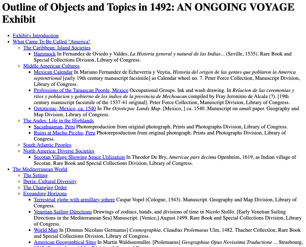 Outline of Objects and Topics in 1492: An Ongoing Voyage