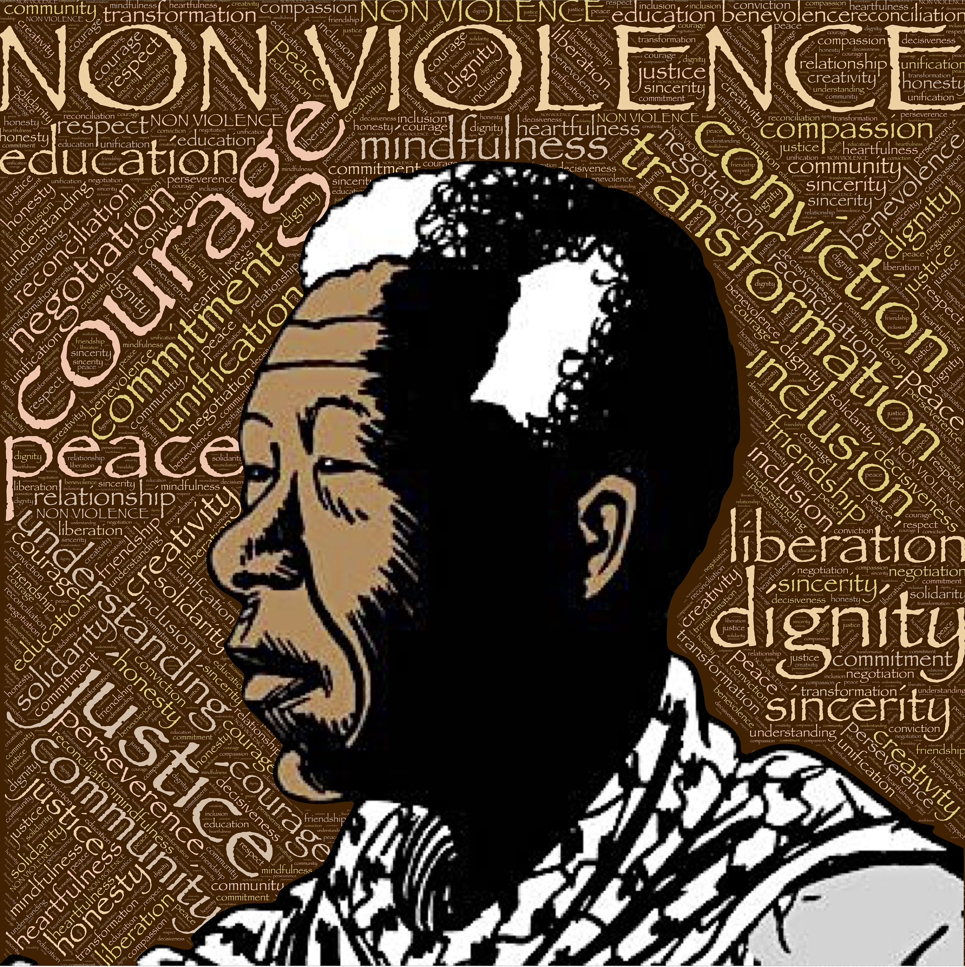 Nonviolence: animated image of Nelson Mandela surrounded by a Word Cloud with words such as peace, courage, liberation, education, justice, dignity, conviction, community, and nonviolence
