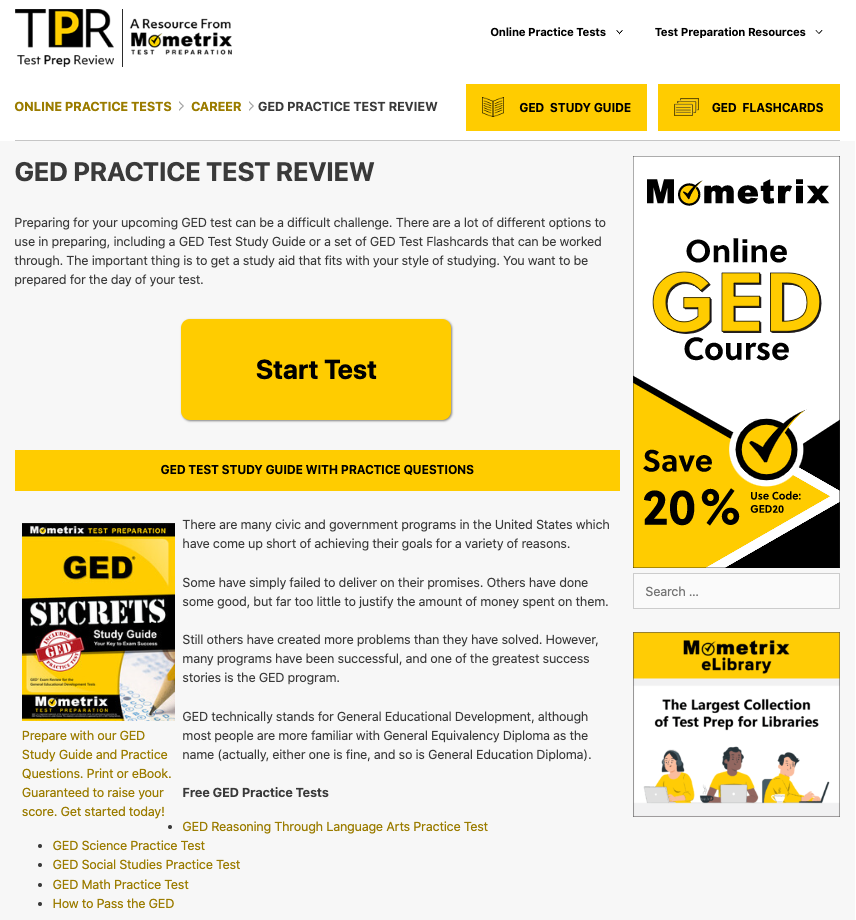 Screenshot of GED Test Prep website