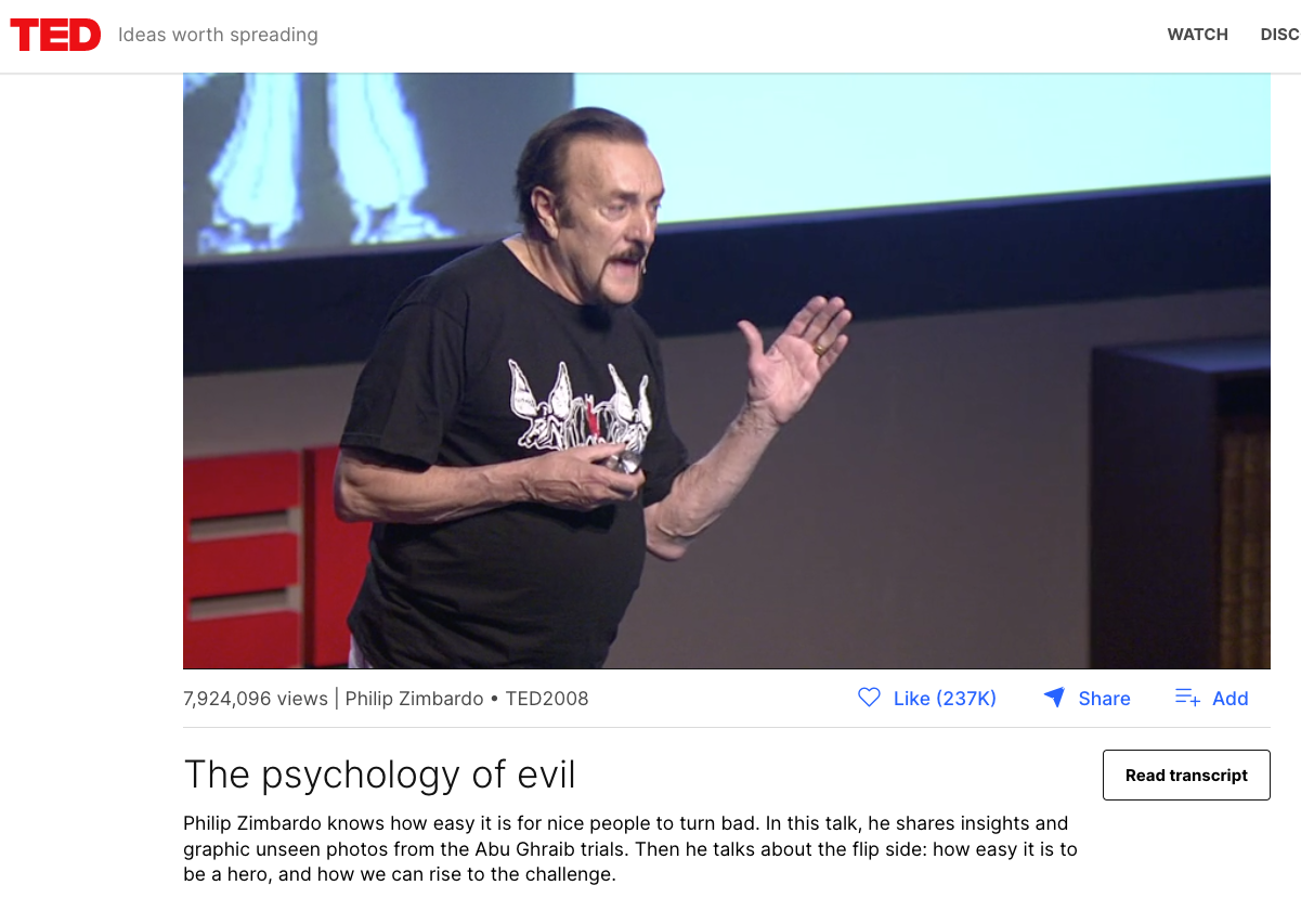Screenshot of TEDTalks The Psychology of Evil page