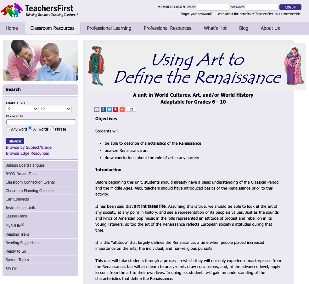 Screenshot of the Art of the Renaissance Lesson