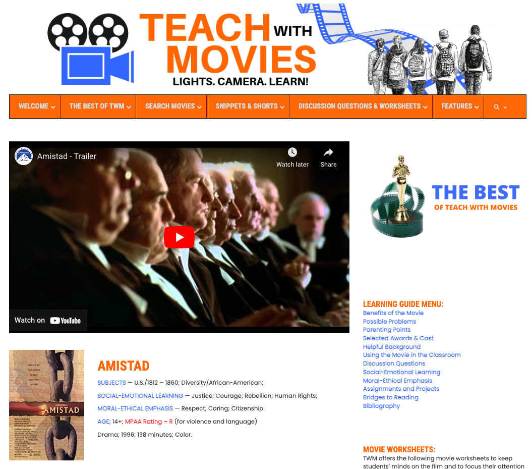 Screenshot of Teach with Movies Amistad website