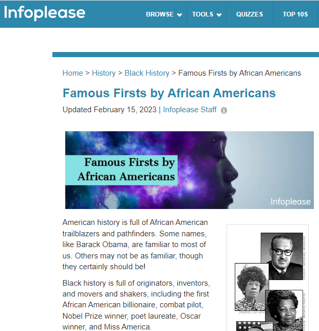 Infoplease Famous Firsts by African Americans
