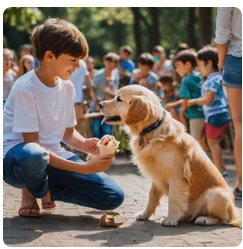 Boy eating ice cream with dog