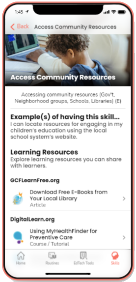 Screenshot of cellphone showing Access Community Resources page