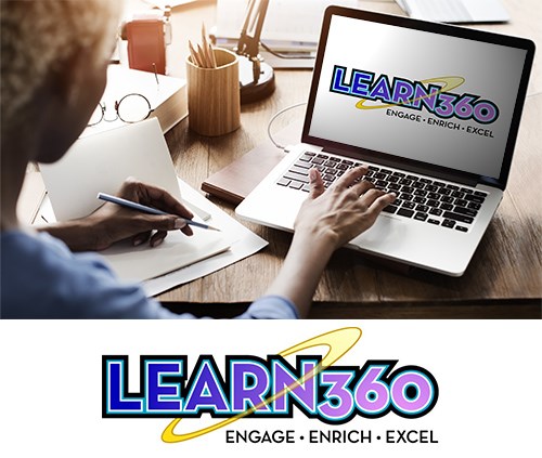 Woman using a laptop with Learn360 screen and logo