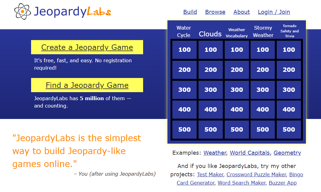 Jeopardy Labs front page