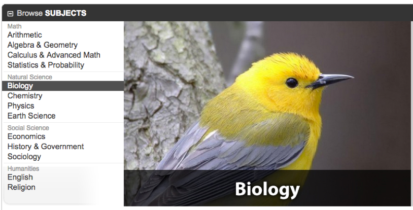 Screenshot of Browse by Subjects with Biology selected