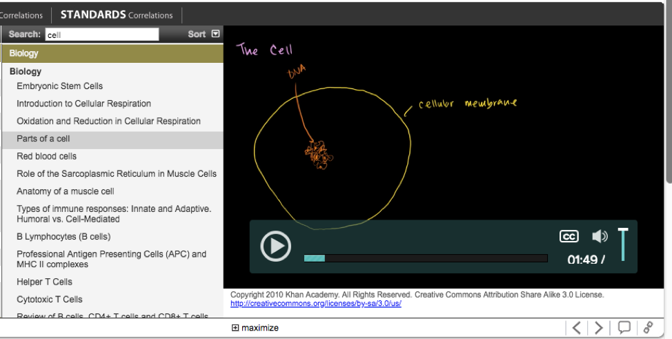 Screenshot of search box with the word Cell in the box and Parts of a Cell selected