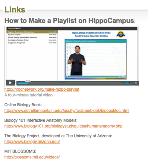Screenshot of the Links section with links to resources outside of HippoCampus