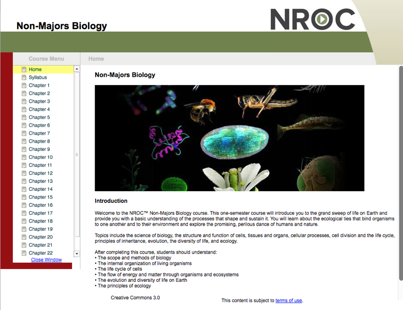 Screenshot of Non Majors Biology course homepage
