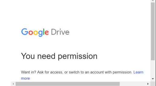 Screenshot of Google Drive webpage that says You need permission