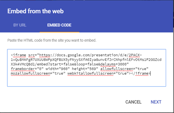 Screenshot of Embed from the web window with box to paste embed code