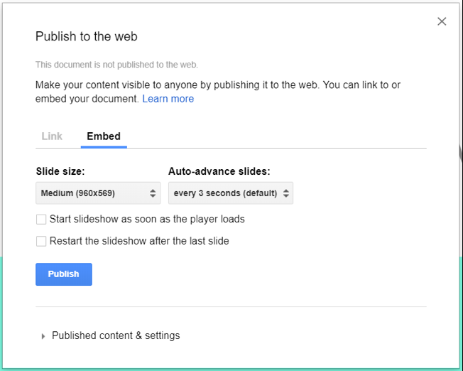 Screenshot of Publish to the web window with options for slide size and auto advance