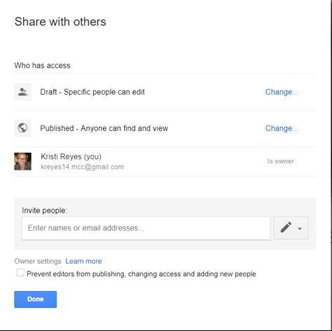 Screenshot of Share with others window with options to invite people to collaborate