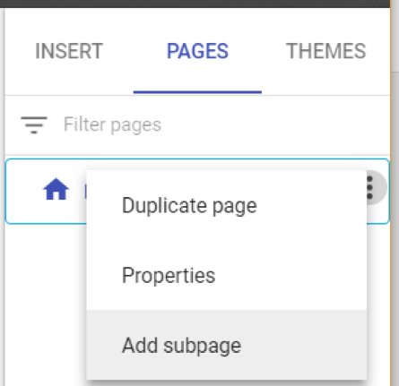 Screenshot of Pages toolbar with option to add a subpage