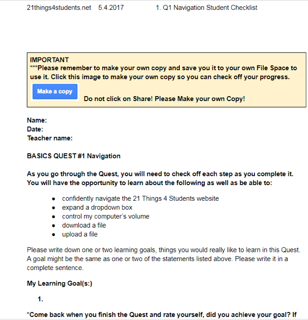 Screenshot of top of student checklist for Thing 1 Basics Quest 1 Navigation