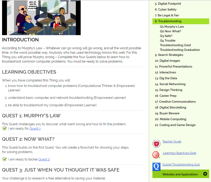 Screenshot of Thing 8 Troubleshooting with video, Introduction, Learning Objectives, and 4 Quests listed on the right side