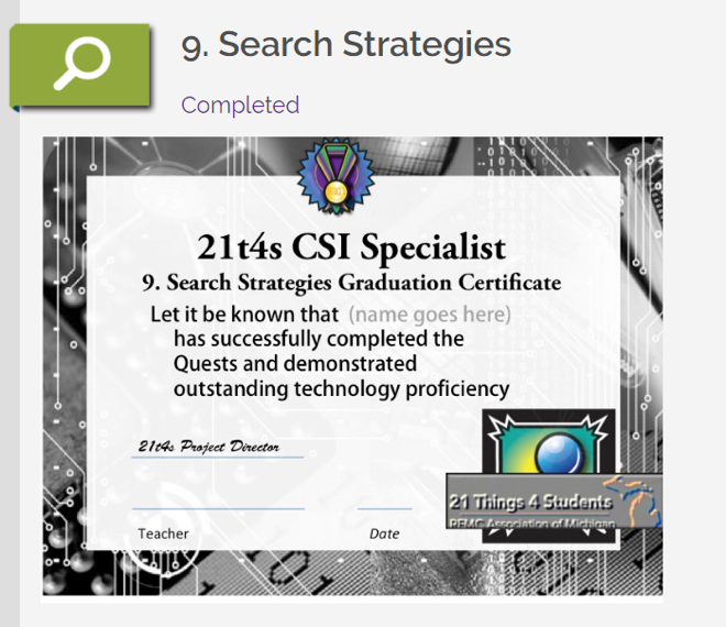 Screenshot of certificate for completing Thing 9 Search Strategies with space for student name