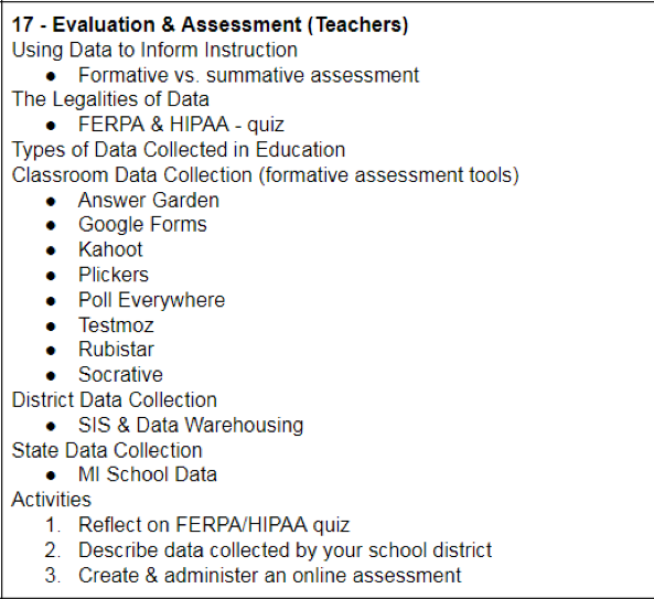 Screenshot of checklist of items for Thing 17 Evaluation and Assessment