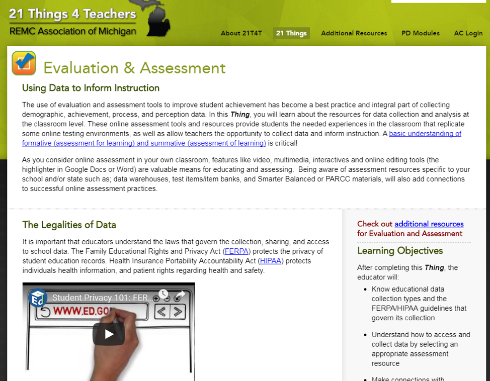 Screenshot of top of 21Things4Teachers Evaluation and Assessment webpage