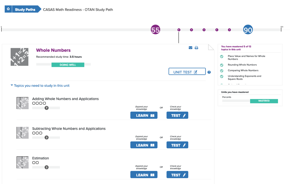 Student study path with unit and recommended study time and three unit topics. Each topic has two buttons: Learn and Test.