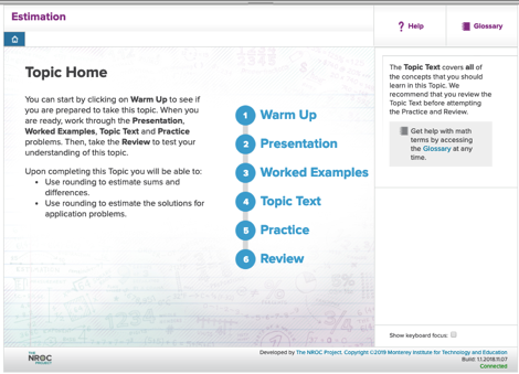 Topic Home for Estimation showing Warm Up, followed by Presentation, Worked Examples, Topic Text, Practice, and Review.