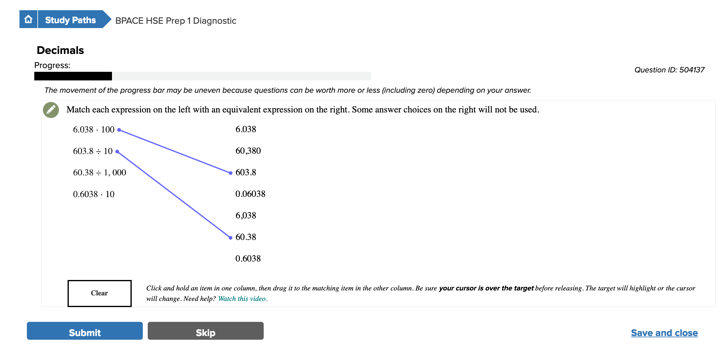 Question from the diagnostic test on Decimals. Question asks student to match equivalent decimals.