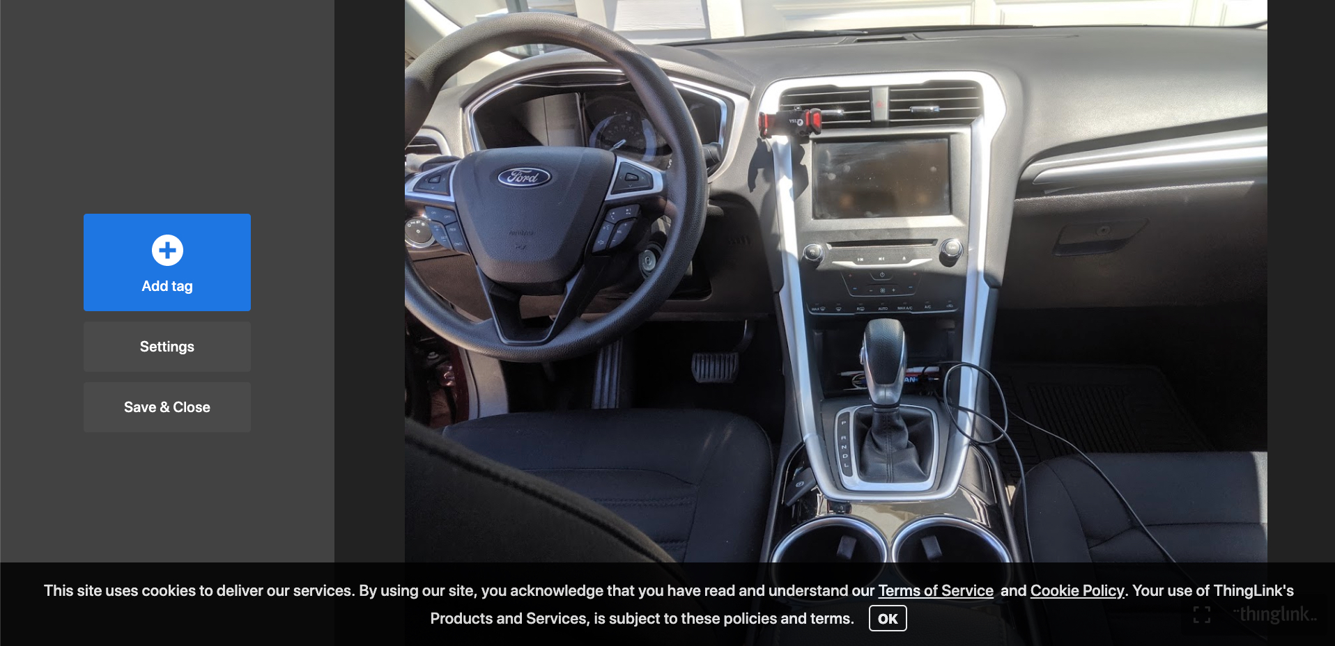 Figure 6. Image of car interior. Options on the left read Add Tag, Settings, and Save & Close
