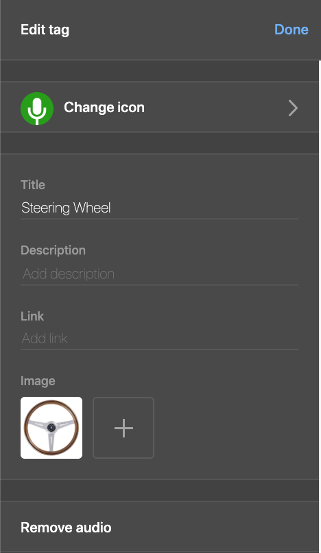 Figure 8. Edit Tag dialogue box. Shows Change Icon button, Title field, Description field, Link field, image selection, and Remove Audio button