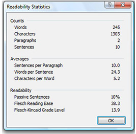 Word Readability  Stats dialog box