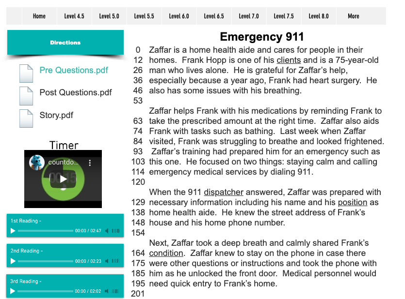 Emergency 911 story showing Pre/Post Questions,Story, and three readings. The article has word count to the left of each line.