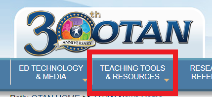 Screenshot of OTAN website menu with 'Teaching Tools & Resources' highlighted.