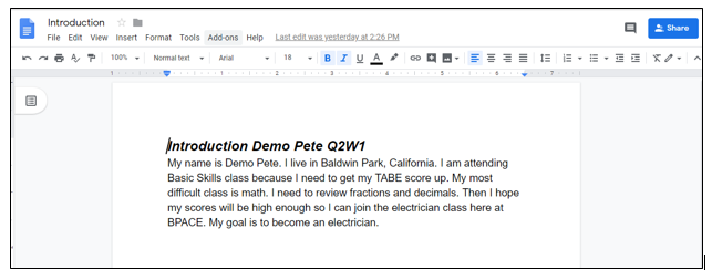 Introduction Demo Pete. example Google Doc