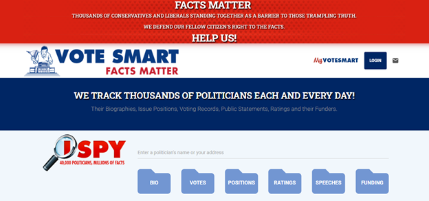 screenshot of the homepage for the website Vote Smart