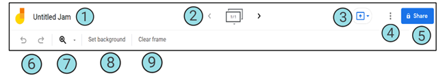 Numbered toolbar icons and items: 1. Untitled Jam; 2. frames; 3. present; 4. 3-dot menu; 5. share button; 6. undo/redo arrows; 7. magnifier; 8. set background; 9. clear frame.