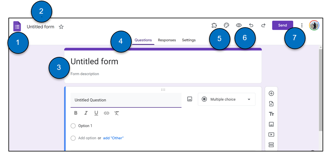 Untitled Form shows Questions, Responses, and Settings above form. Command buttons across top toolbar. Vertical toolbar buttons to right of first question area. Numbers 1 to 7 by key top of form features.