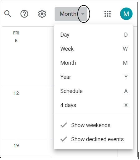 Google Calendar with arrow beside calendar view command circled. You have choices of day, week, month, year, schedule and 4 day.
