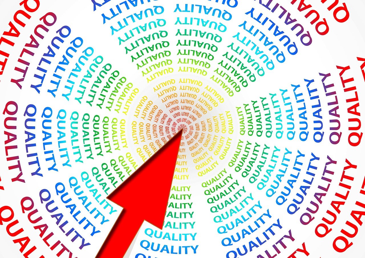 Graphic with the word 'Quality' forming a tunnel with a large red arrow pointing to the center.
