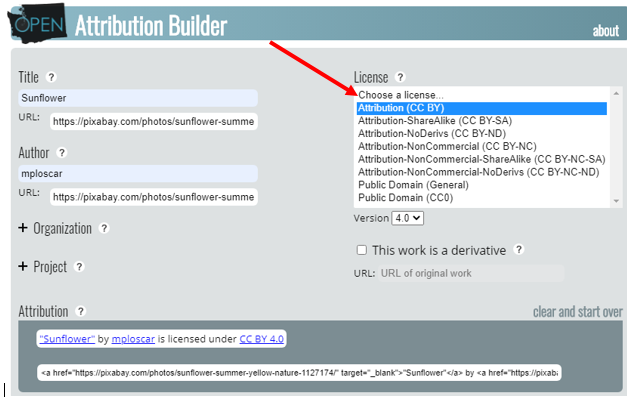 Screenshot of Open Attribution Builder: License