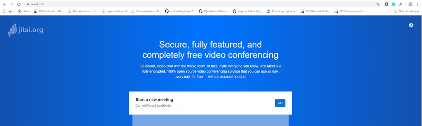 Home screen for Jitsi.org. "Secure, fully featured, and completely free video conferencing."