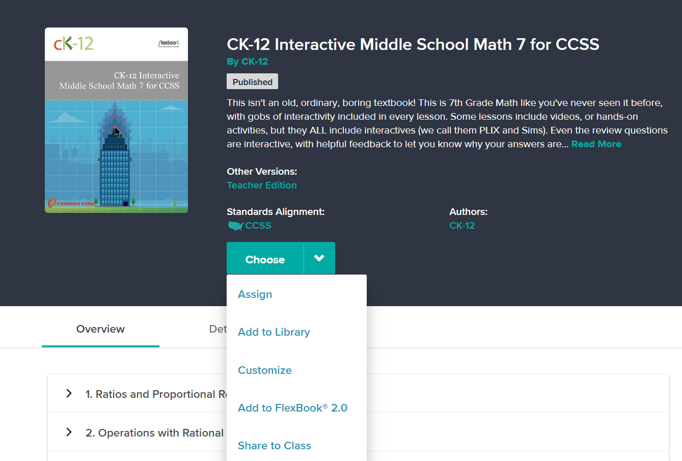 Screenshot of CK-12 Interactive Middle School Math 7 for CCSS. This includes the title, a description and a dropdown menu allowing you to Assign, Add to Library, Customize, Add to Flexbook 2.0, and Share to Class.