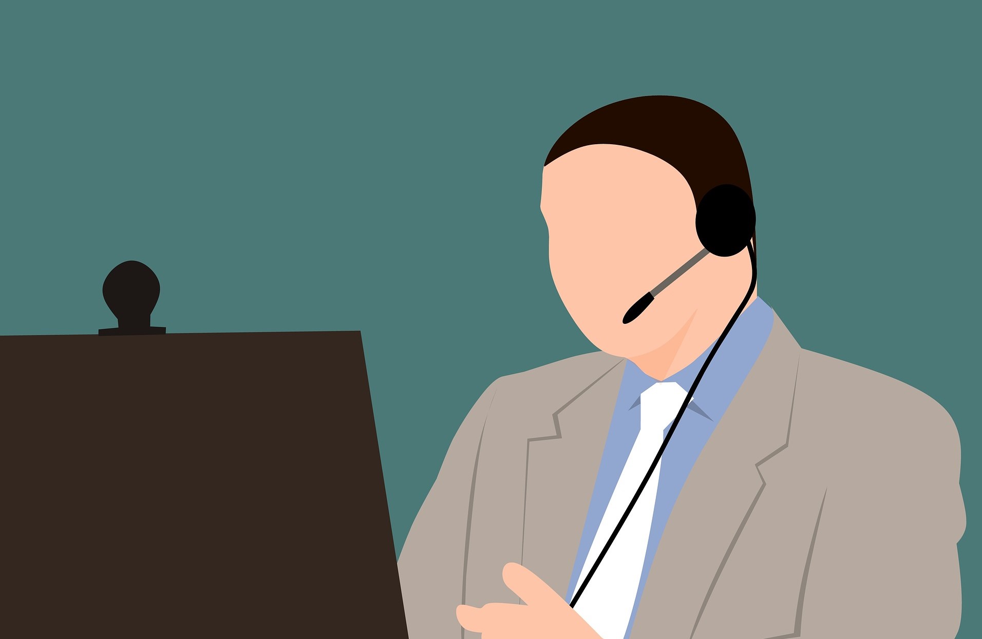 Illustration of man using laptop with headset microphone