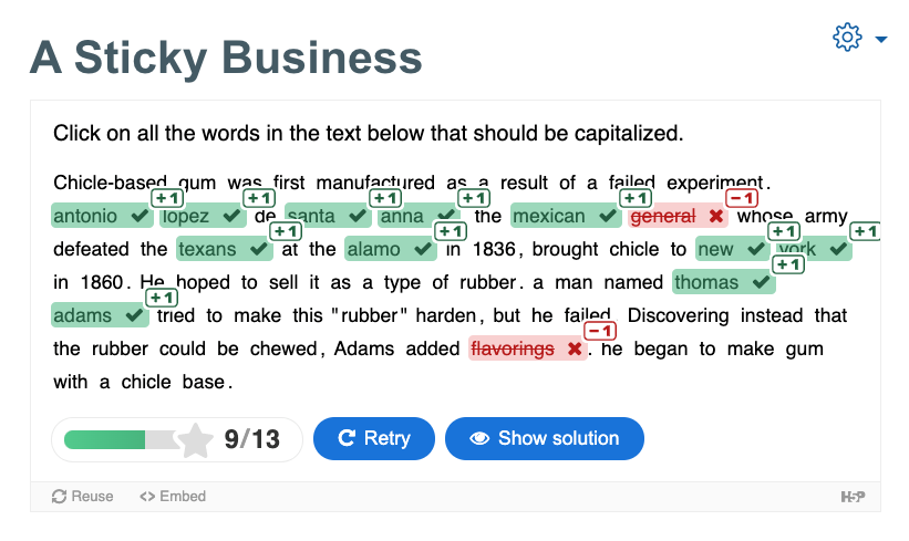 Mark the words - Shows a paragraph called A Sticky Business. Directions state "Click on all the words in the text below that should be capitalized". Correct answers are highlighted in green and have +1 next to the word. Incorrect answers are highlighted in red and have -1 next to the word.