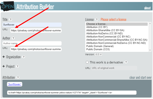 Screenshot of Open Attribution Builder: URL