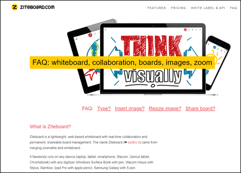 Ziteboard.com login page. FAQ: whiteboard, collaboration, boards, images, zoom
